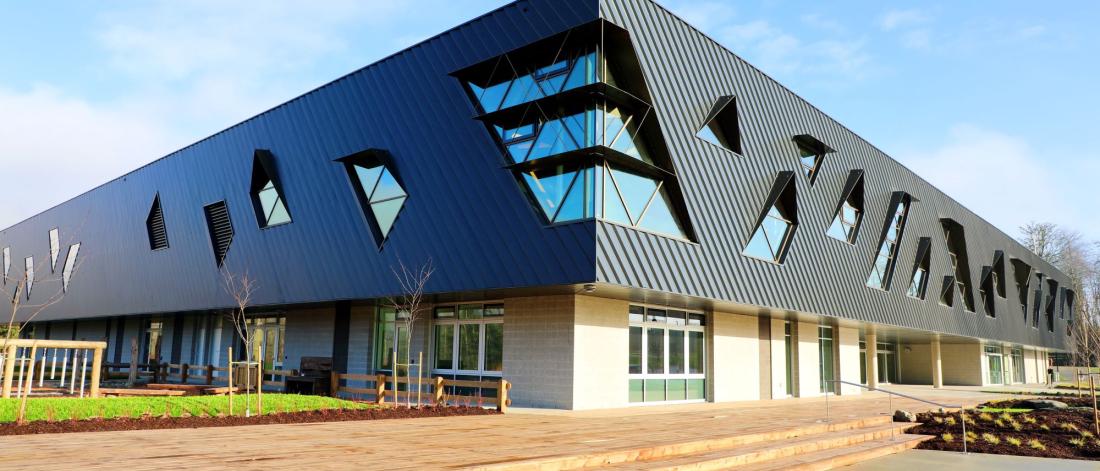 Exterior of a building with triangular windows and wooden steps