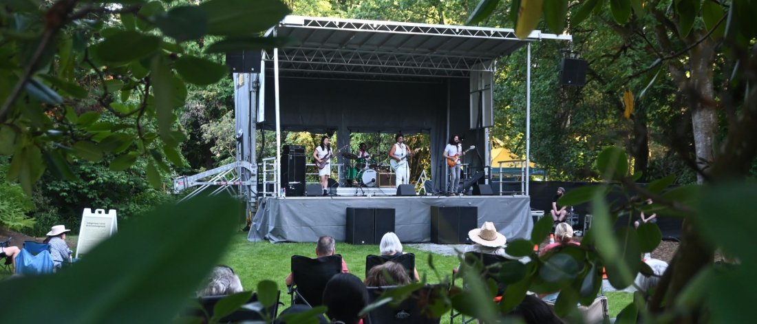 a stage with performers seen through some green leaves
